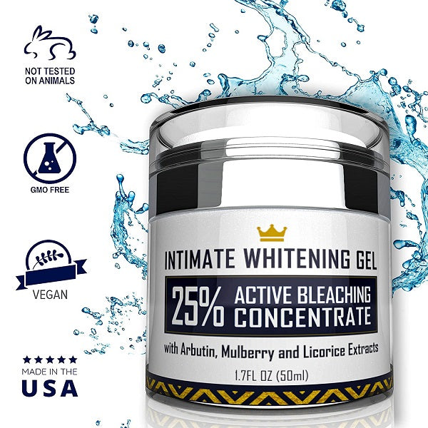 Intimate whitening gel jar with chrome lid and vegan, cruelty-free icons on the packaging