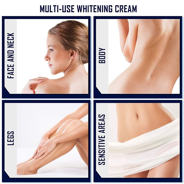Multi-use whitening cream infographic with four skin-area panels: face, body, lips, sensitive areas