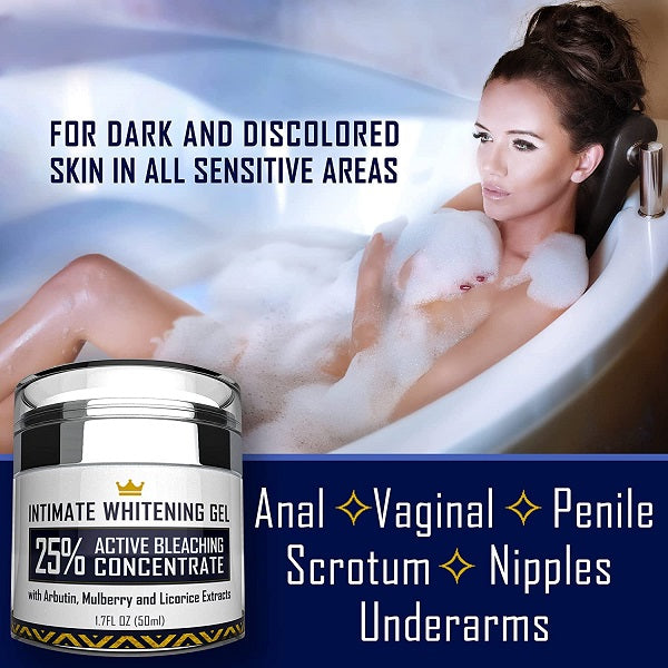 Whitening gel jar shown on a promotional card listing sensitive skin areas