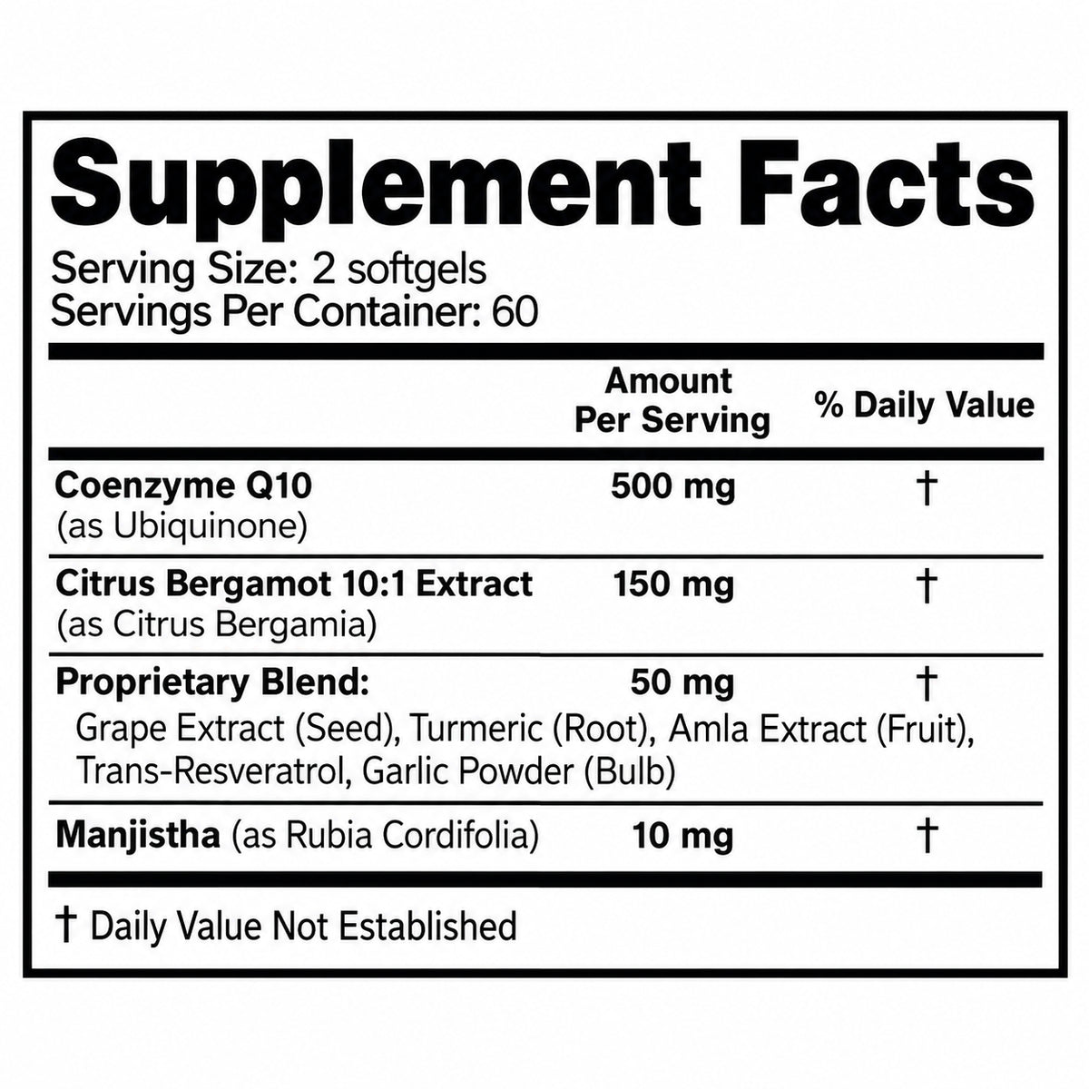 Supplement Facts label for CoQ10 500 mg with antioxidant complex; 2 softgels serving size