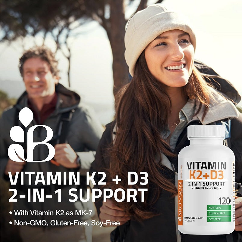 Vitamin K2 + D3 supplement bottle near a smiling woman, 2-in-1 support