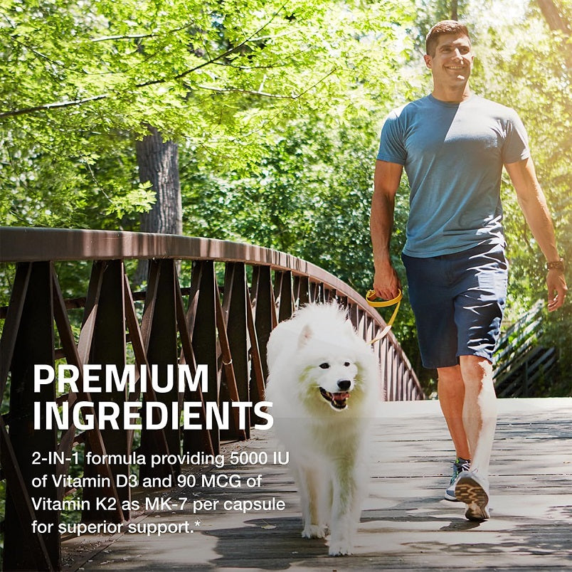 Man walking a dog on a bridge with 'Premium Ingredients' overlay