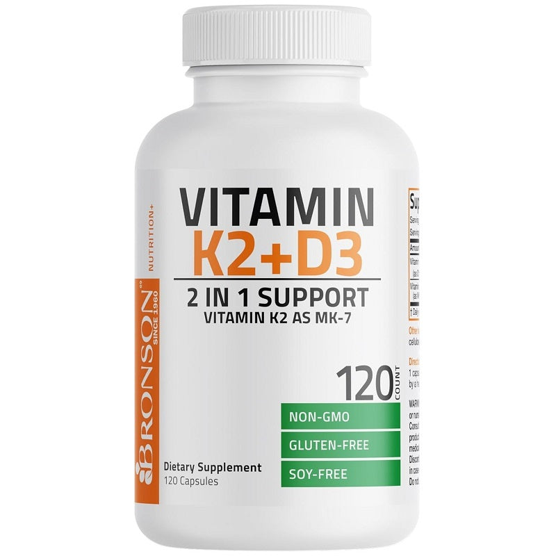 Vitamin K2 + D3 supplement bottle, 120 capsules, non-GMO and gluten-free