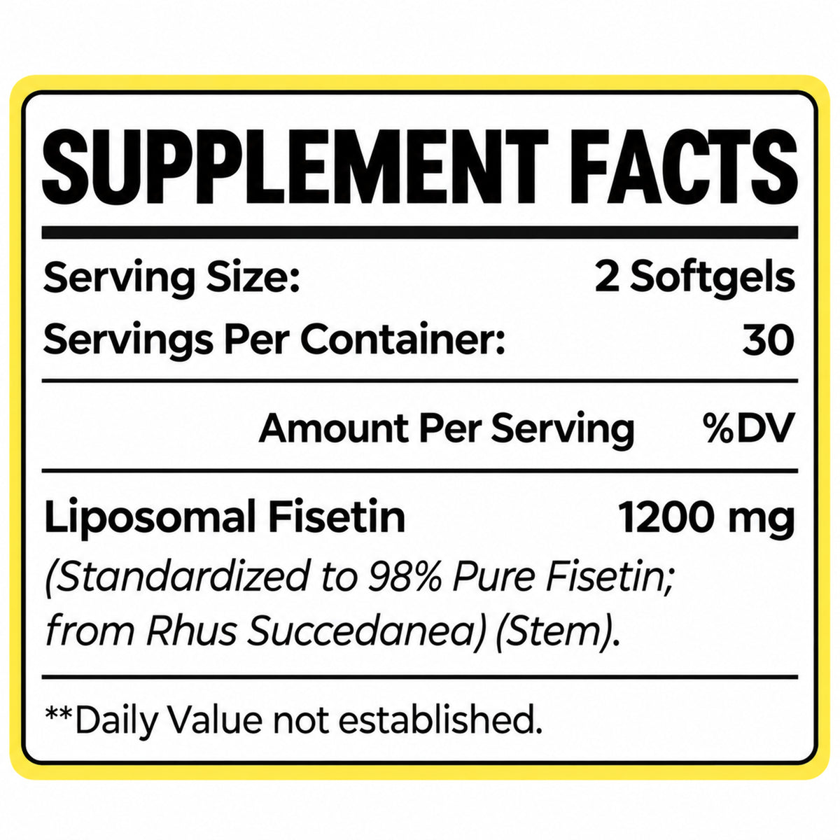 Liposomal Fisetin 1200 mg supplement facts label, 2 softgels per serving