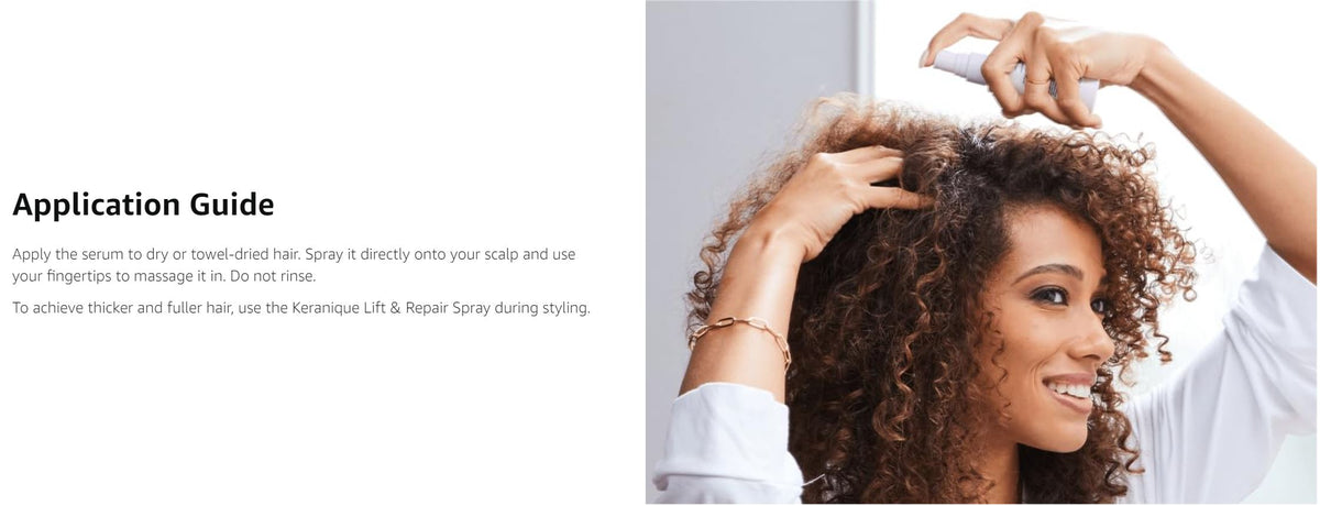 Hair follicle boosting serum application guide with woman applying to curly hair