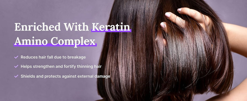 Scalp care hair treatment banner with hand smoothing dark hair