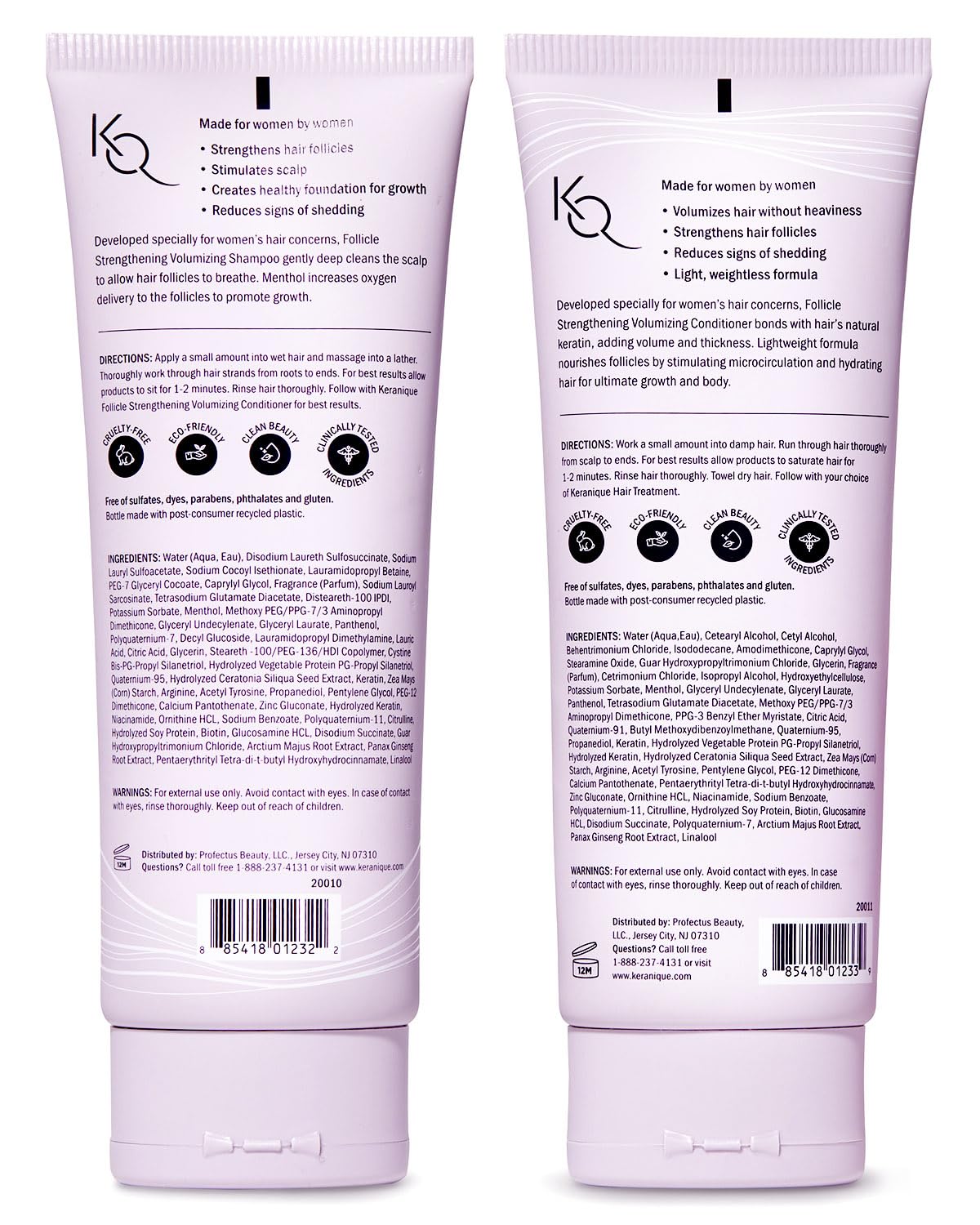 Two white squeeze tubes for scalp shampoo and keratin conditioner, back labels