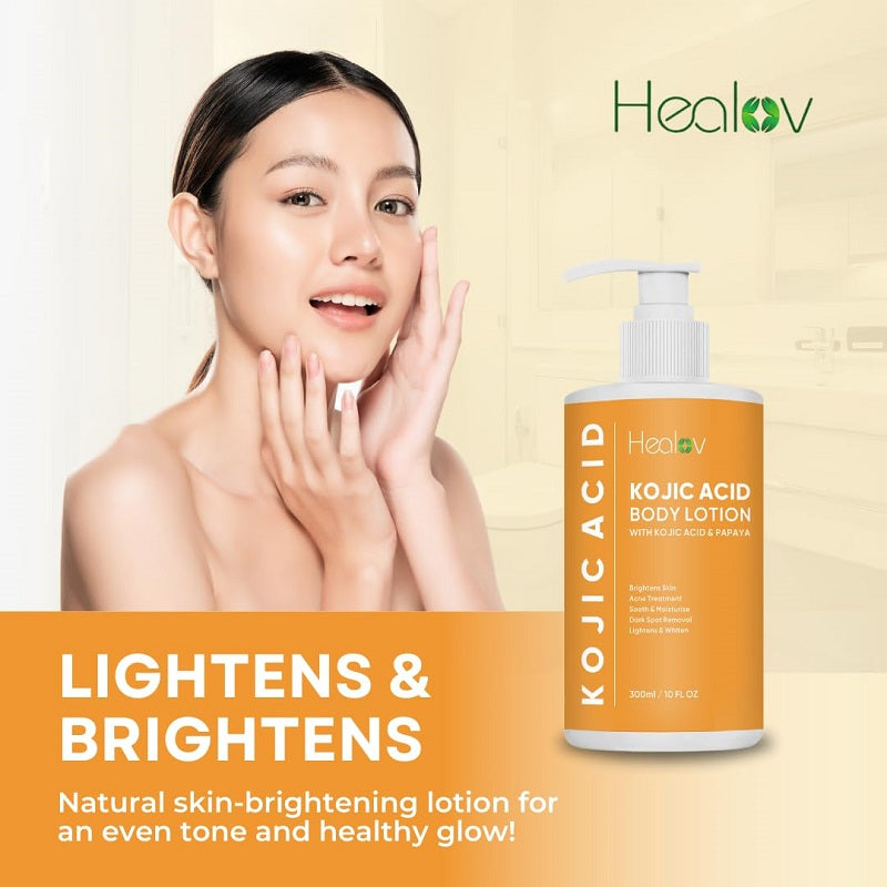 Healov kojic acid body lotion bottle with pump, held in hand