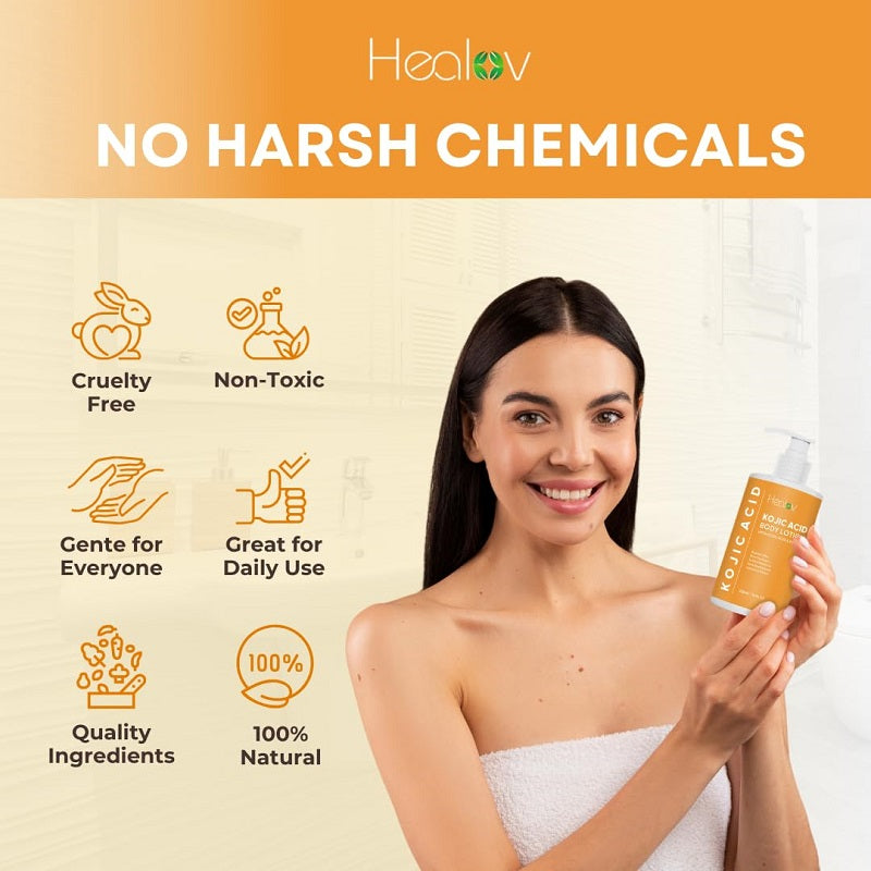 Healov kojic acid body lotion pump bottle, held near the face