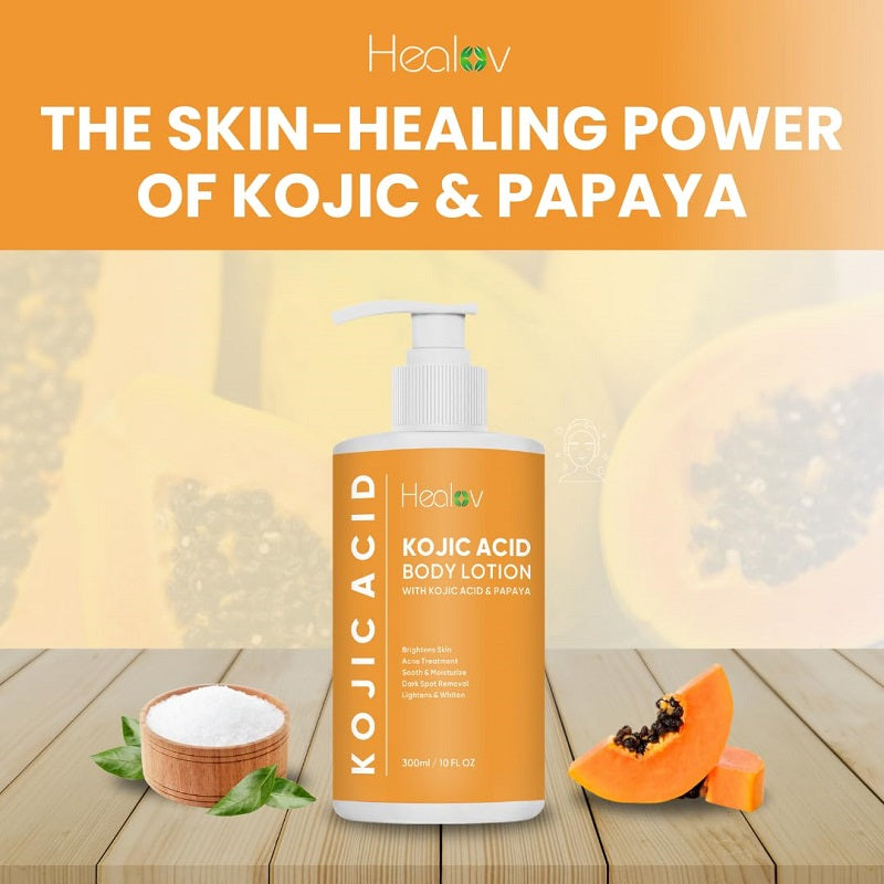 Healov kojic acid body lotion with pump bottle, with papaya beside it