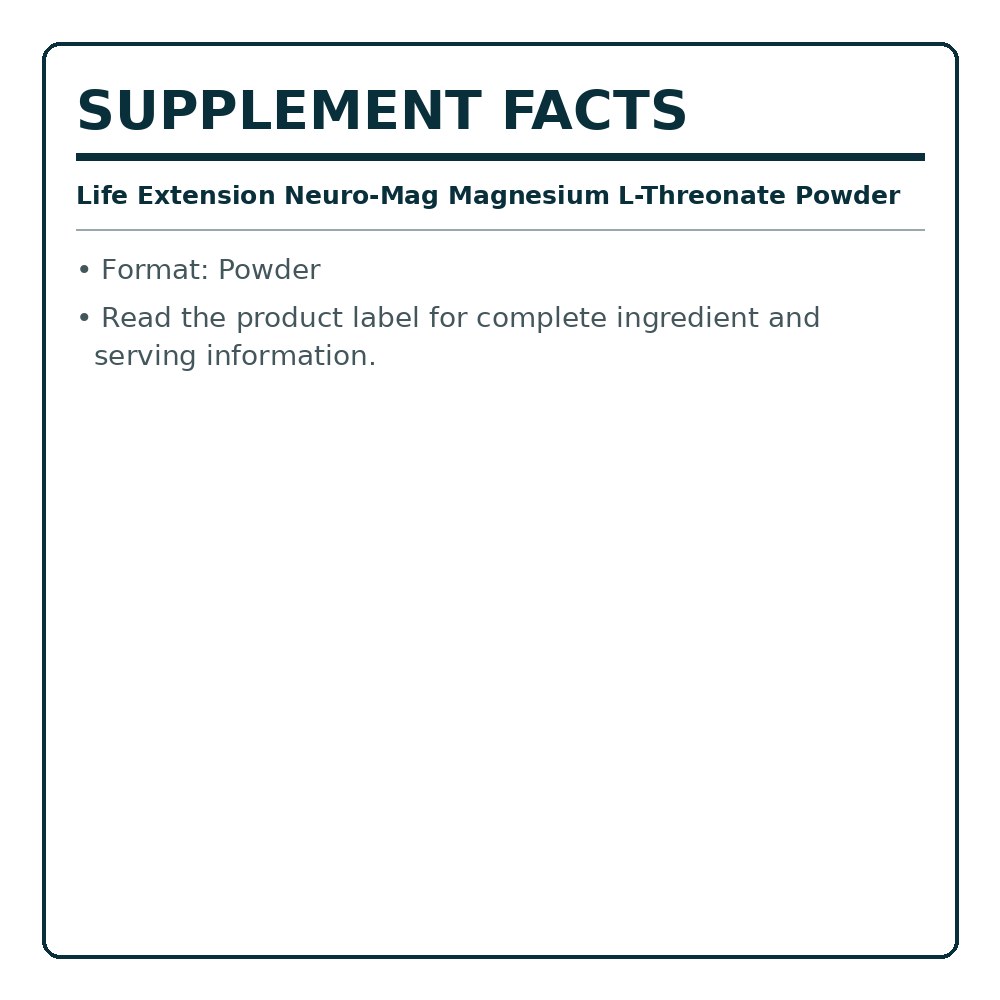 Supplement Facts label for magnesium L-threonate powder, powder format