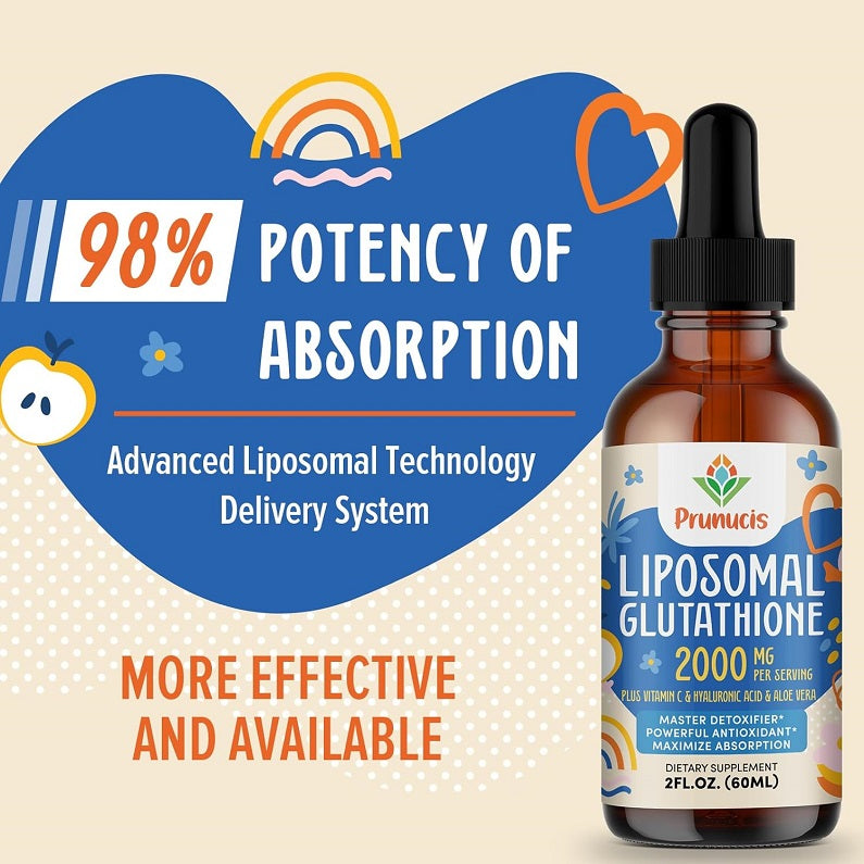 Prunucis liposomal glutathione liquid bottle with black dropper and amber glass