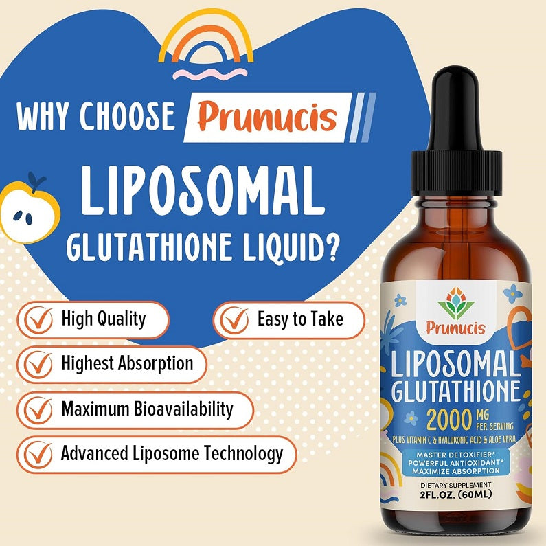 Prunucis liposomal glutathione liquid bottle, black dropper top on amber glass