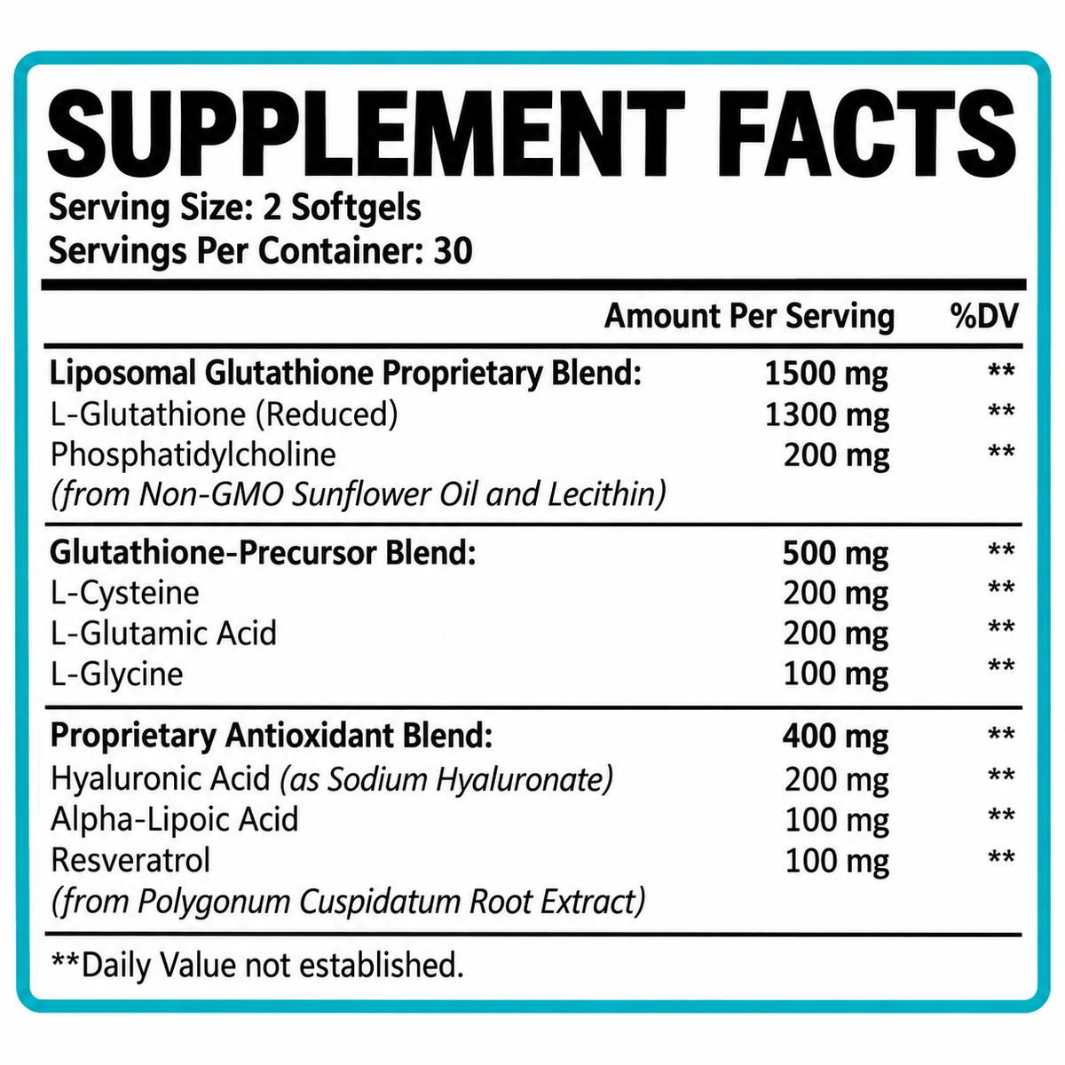 Supplement facts label for liposomal glutathione softgels, serving size 2.