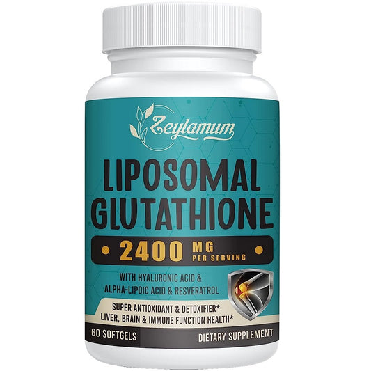 Zeylamum liposomal glutathione supplement bottle, 2400 mg, 60 softgels, white cap