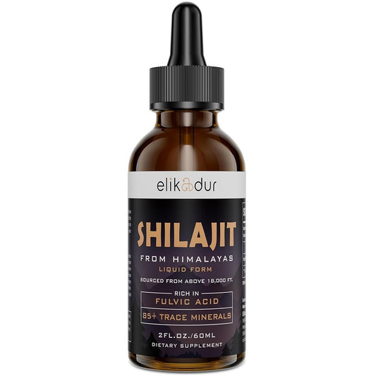 Elikadur shilajit liquid drops bottle with black dropper, amber brown glass