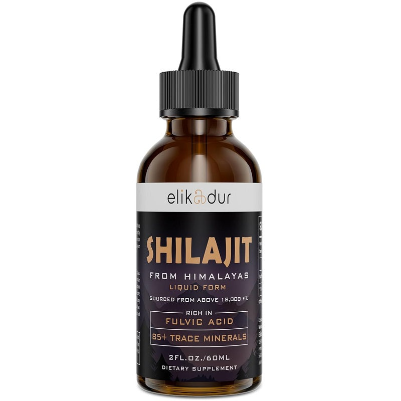 Elikadur shilajit liquid drops bottle with black dropper, amber brown glass