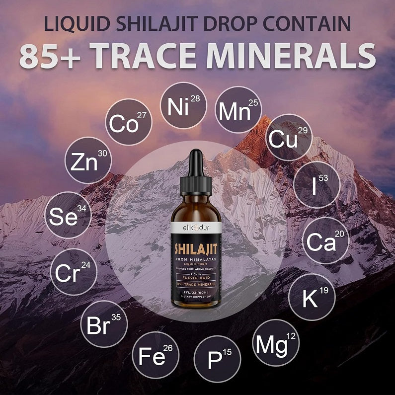 Elikadur shilajit liquid drops bottle with 85+ trace mineral icons around