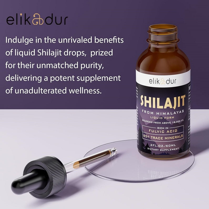 Elikadur shilajit liquid drops bottle with dropper and amber glass packaging