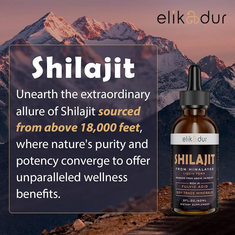Elikadur shilajit liquid drops bottle with black dropper, amber brown label