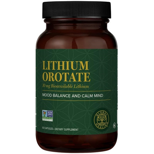 Lithium orotate 10 mg supplement bottle with green label and black cap