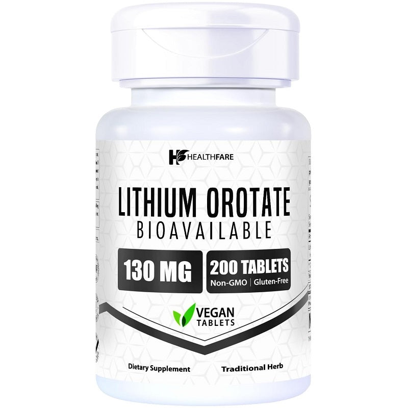 Lithium orotate dietary supplement bottle, 130 mg, 200 vegan tablets, non-GMO