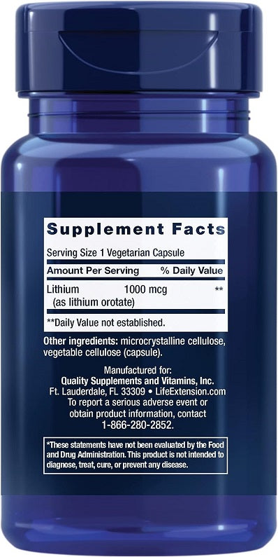 Back label supplement facts for lithium 1000 mcg, vegetarian capsule serving info