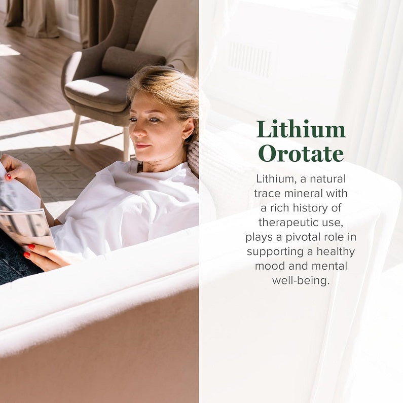 Lithium orotate supplement bottle with informational panel titled 'Lithium Orotate'