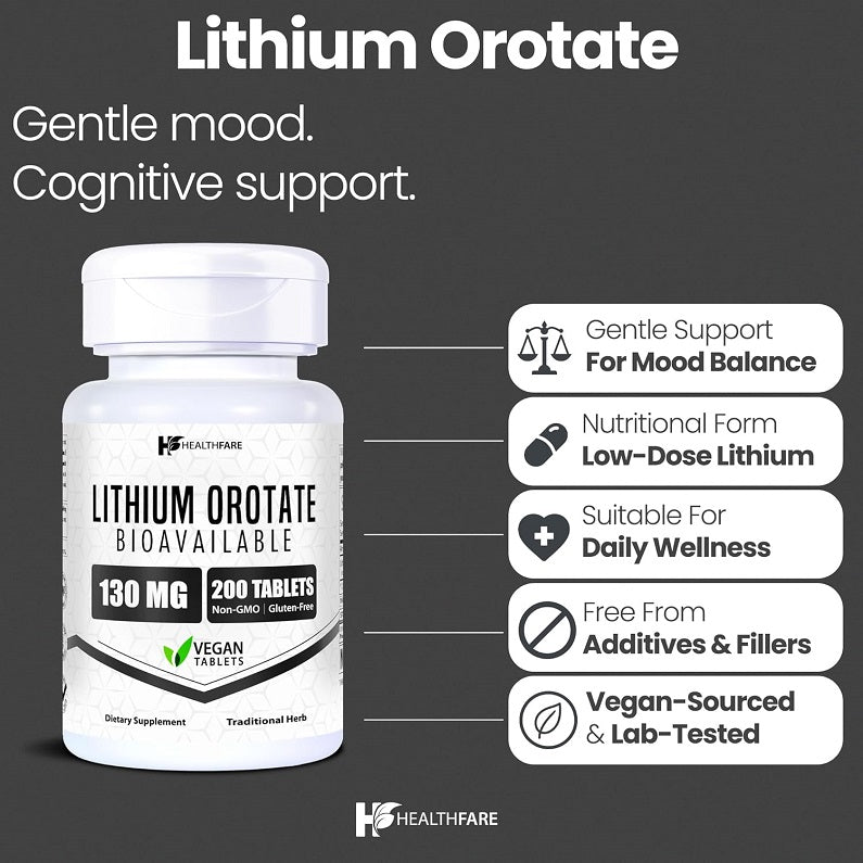 Lithium orotate supplement bottle with gentle support for mood balance and low-dose lithium
