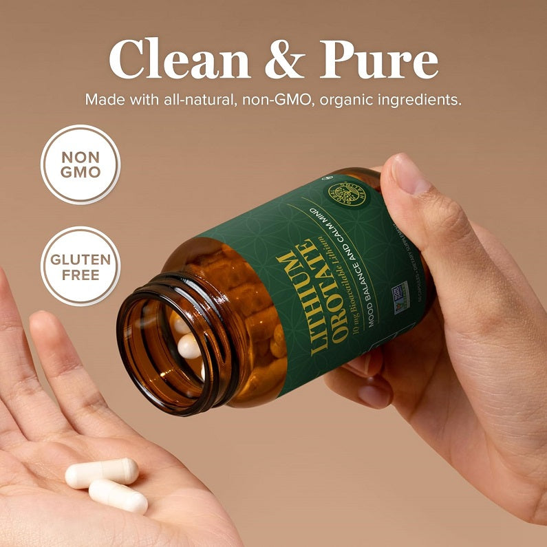Lithium orotate bottle held with non-GMO and gluten-free icons visible