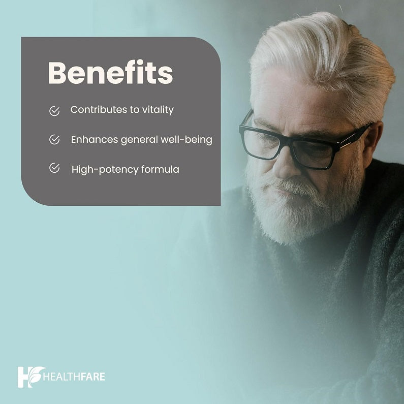 Lithium orotate supplement benefits card with vitality, well-being, and high-potency claims