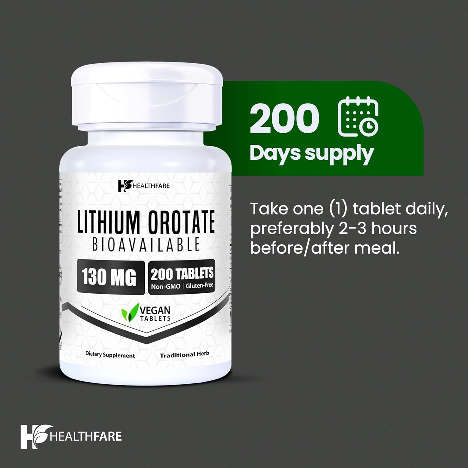 Lithium orotate supplement bottle, 130 mg, 200 tablets, daily use guidance for 2–3 hours