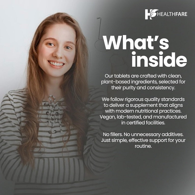 Lithium orotate supplement "What’s inside" card with clean plant-based ingredients, no fillers