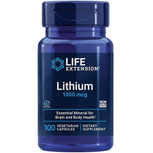 Lithium 1000 mcg dietary supplement bottle, 100 vegetarian capsules, non-GMO