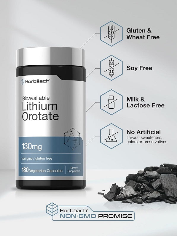 Horbaach lithium orotate 130mg bottle with non-GMO, gluten-free, soy-free, milk-free icons