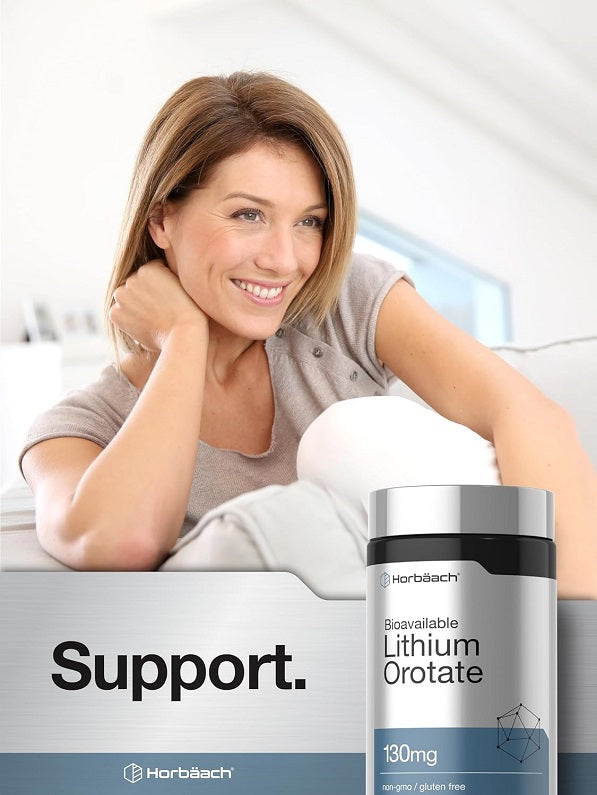 Horbaach lithium orotate 130mg bottle beside smiling woman, silver/black
