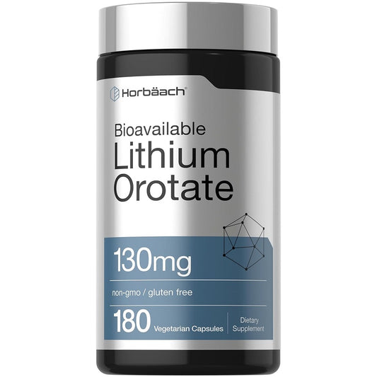Horbaach lithium orotate supplement bottle, 130mg, 180 vegetarian capsules, silver/black