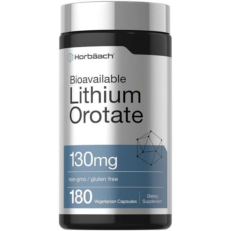 Horbaach lithium orotate supplement bottle, 130mg, 180 vegetarian capsules, silver/black