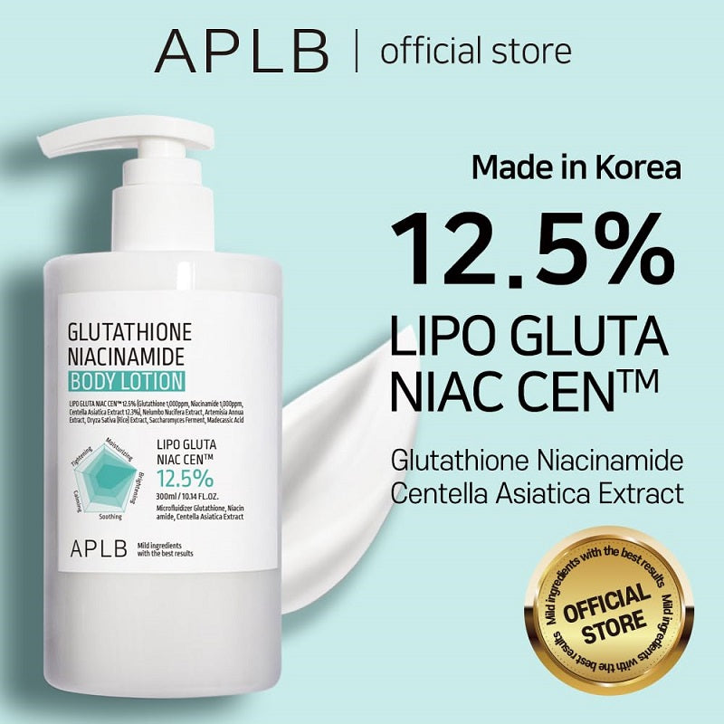 APLB glutathione niacinamide body lotion bottle with pump, shows 12.5% Lipo Gluta