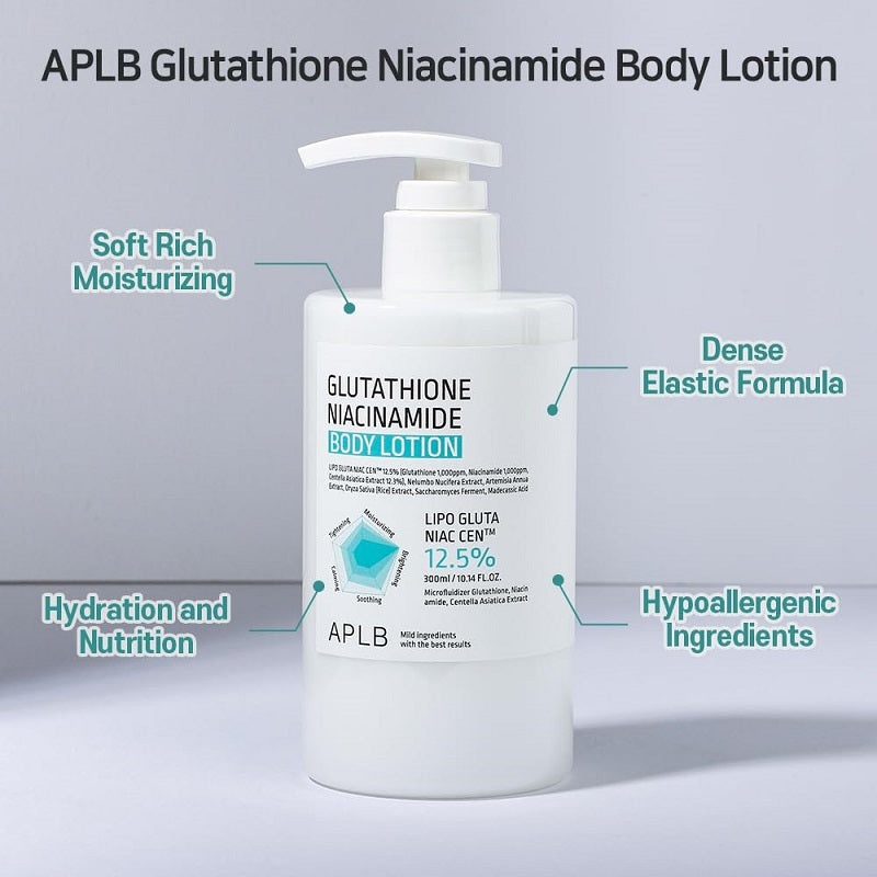 APLB glutathione niacinamide body lotion pump bottle, white with product label
