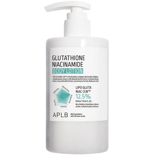 APLB glutathione niacinamide body lotion pump bottle, white with teal label