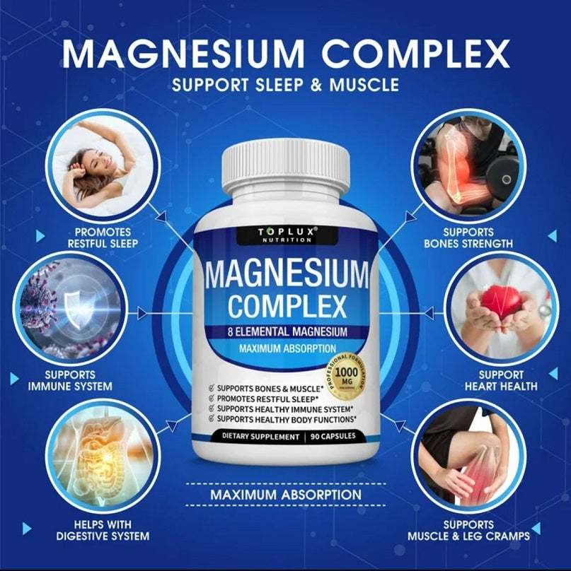 Toplux Magnesium Complex bottle with label text, 1000 mg dose, 90 capsules