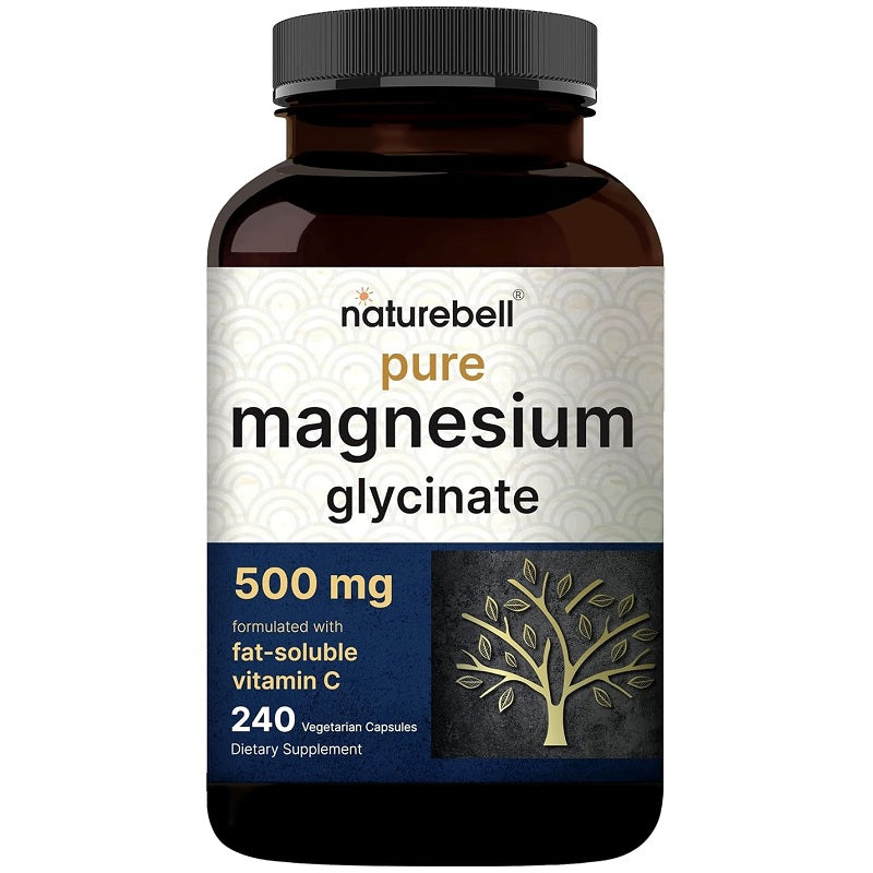 NatureBell magnesium glycinate supplement bottle, 500 mg, vegetarian capsules