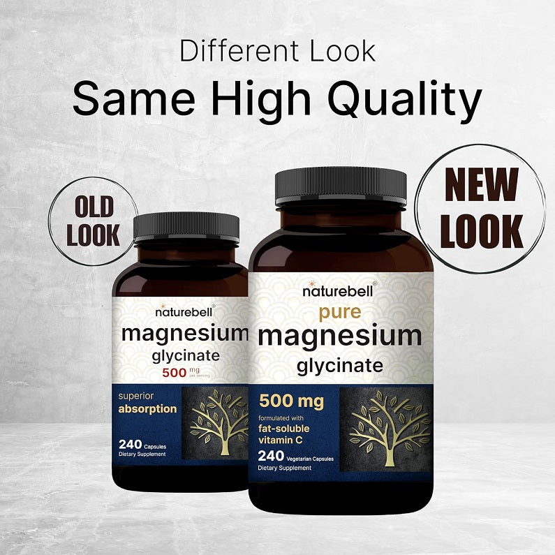 NatureBell pure magnesium glycinate bottles, old and new look side by side