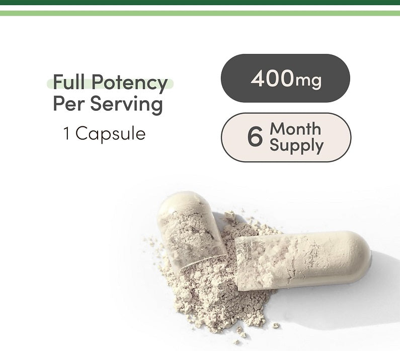Magnesium glycinate 400mg capsule with white powder, full potency and 6 month supply text