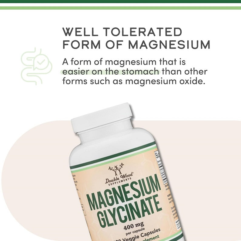 Double Wood Magnesium Glycinate 400mg supplement bottle with green-and-beige label