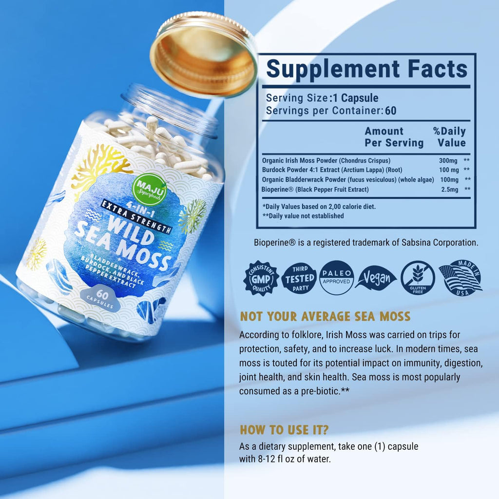 Organic sea moss capsule bottle with Supplement Facts label