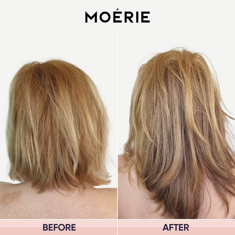 Moerie Ultimate Hair Boost nourishing mask, before-and-after blonde hair results