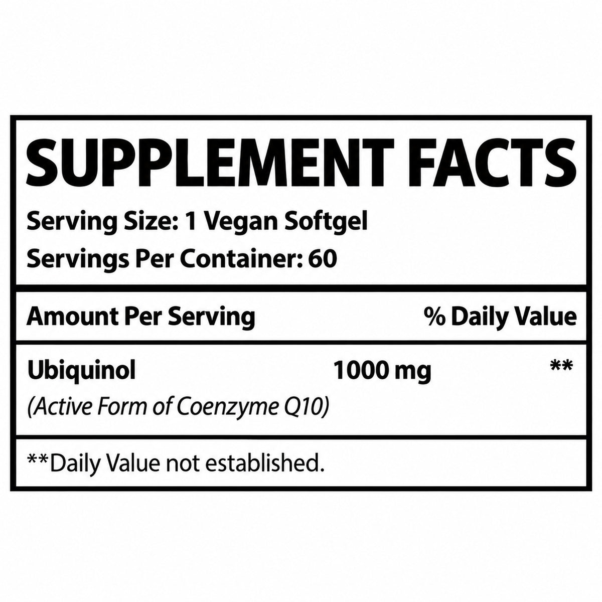 Supplement facts label: 1 vegan softgel serving, 60 servings, ubiquinol 1000 mg