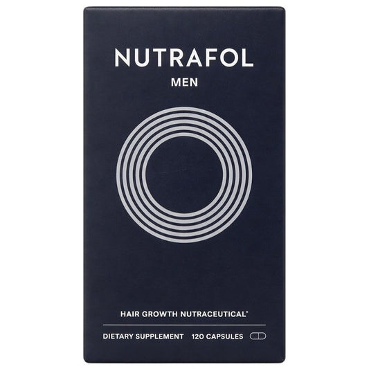 Nutrafol Men dark blue supplement box with white logo and 120 capsules
